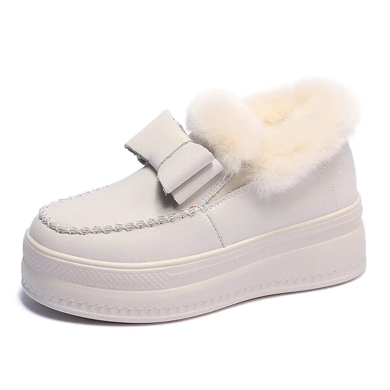 

New Arrival Ladies Fashion Snow Boots Designer Women Slip On Winter Warm Flats Short Plush Comfort Shoes With Bowtie 35-39