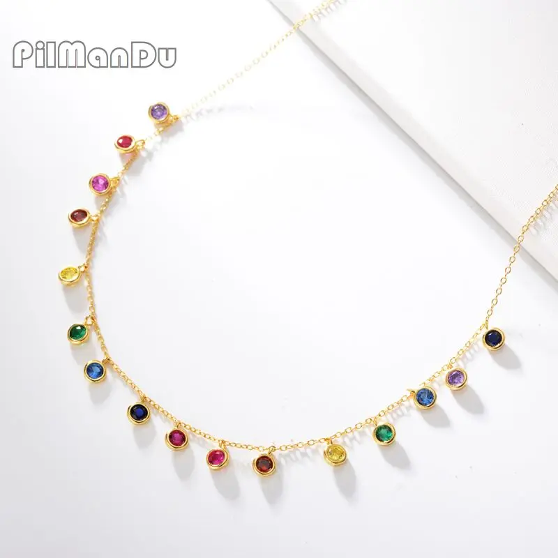 

PilManDu 925 Sterling Silver Gold Colorful Zircon Charm Choker Chain Necklace Rock Punk Party New Beads Pendant Fine Jewelry
