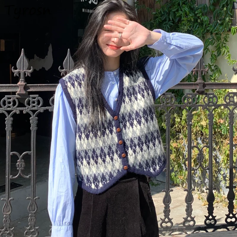 Женский свитер в клетку однобортный винтажный джемпер с V-образным вырезом