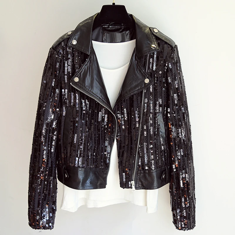 2020 Korean Fashion Sequins Leather Jacket For Women Slim Fit Motorcycle Shorts Leather Coats Spring and Summer Clothing Women