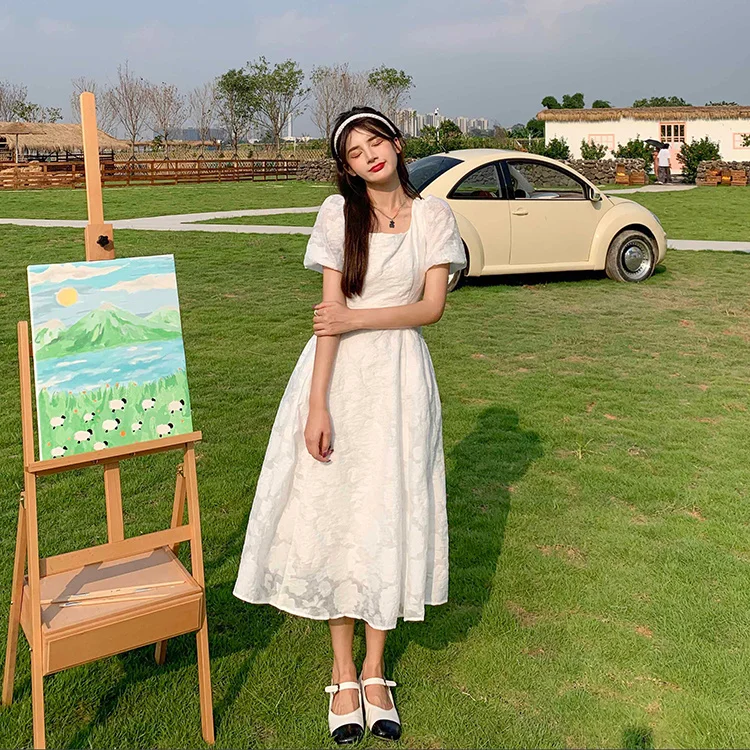 

French Sweet Square Collar Puff Sleeve Sexy Women Maxi Party Long Beach Office Casual Dress Elegant Vestido Vintage Lady Dresses