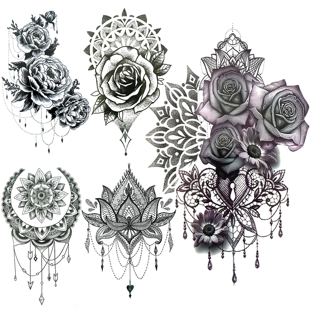 

Rose Camellia Temporary Tattoos For Women Female Mandala Henna Flower Tattoo Sticker Back Arm Fake Jewelry Pendants Tatoo Chains