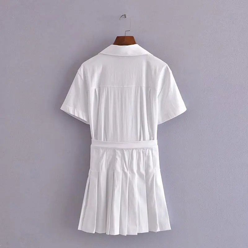 

White Pleated Summer Dress Nice A-Line Short Sleeve Mini Dresses For Women V Neck Casual Dresses Elegant Beach Solid Dress Party