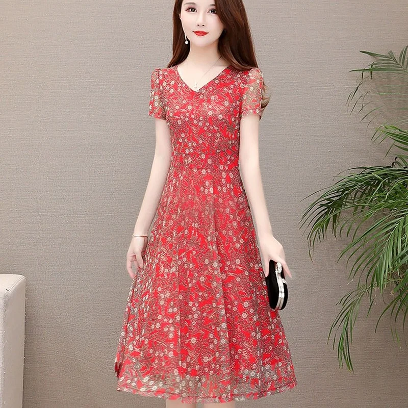 

Summer 2021 New Middle-aged Women Chiffon Midi Dress Plus Size 4XL Casual Beach Mother Print Mesh Floral Dresses Vestidos Y854