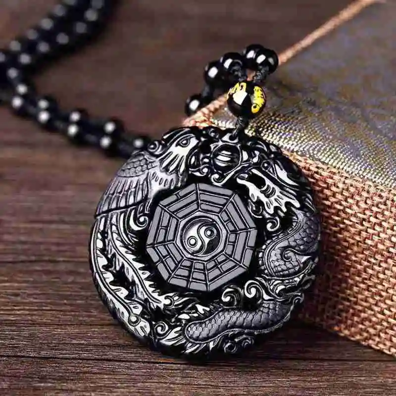 

Black Obsidian Carving Dragon And Phoenix Necklace China Style Gossip Pendant Necklaces For Women Men Lucky Amulet Peace Mascot