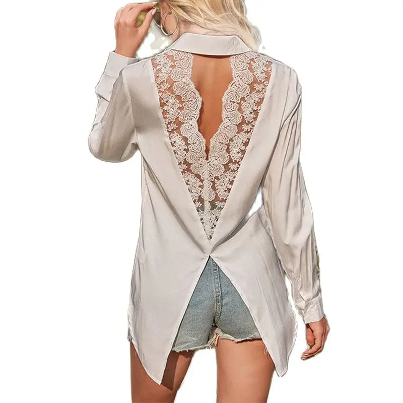 

Breasted Streetwear Tops Office Lady White Blouse Lace Backless All-Match Retro Turn-down Collar Long Sleeve Polyester Single