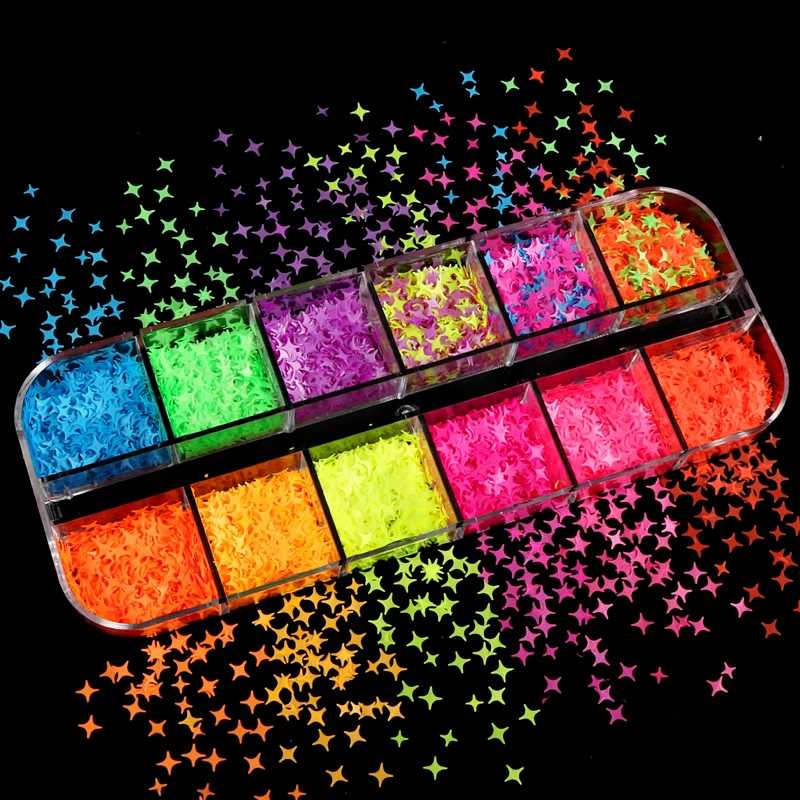 

Флуоресцентные блестки с четырьмя звездами, блестки для ногтевого дизайна, хлопья разных размеров, подвески для ногтей со звездами, аксессу...