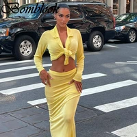 bomblook sexy party club womens suit summer 2021 long sleeve turn down collar crop top midi skirt sets vetement femme outfits