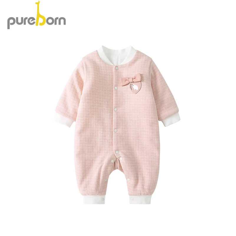Pureborn/Одежда для маленьких девочек комбинезон новорожденных плотный клетчатый с