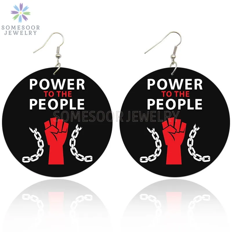 

SOMESOOR People To The Power Fist Black Wooden Drop Earrings African Ethnic Wood Pendant Both Sides Print Dangle For Women Gifts