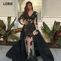 lorie 2020 classic black mermaid evening dresses with detachable train v neck long sleeve illusion bodice appliques prom gowns