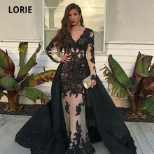 LORIE 2020 Vestidos de Noche clásicos de sirena negra con tren desmontable, cuello en V, manga larga, corpiño de ilusión, apliques, vestidos de graduación (3)
