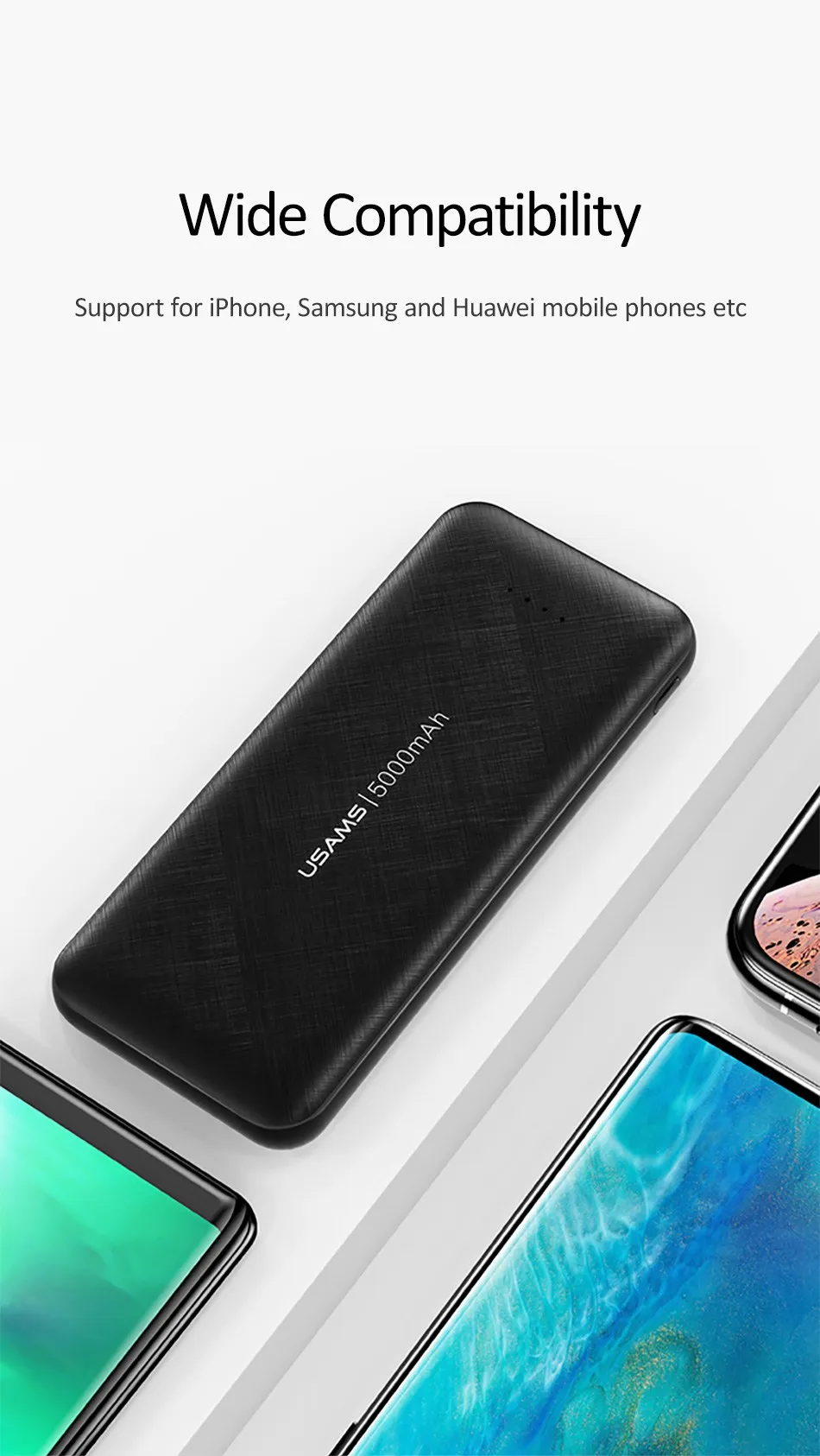 USAMS mi ni power Bank, 5000 мА/ч, портативное зарядное устройство, USB PoverBank, Внешнее зарядное устройство для iPhone, HUAWEI, Xiaomi mi, 9