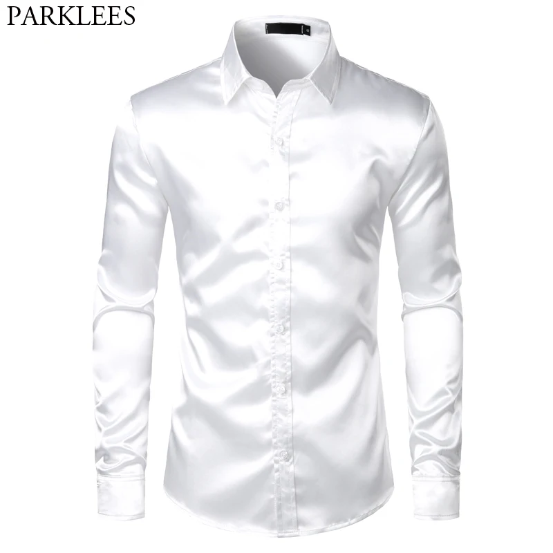 Chemise de smoking en Satin de soie blanche pour homme  tenue de marque à manches longues  ajustée