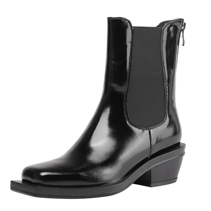 

New Square Toe Retro Women Ankle Boots Cow Leather Elastic Band Chelsea Booties Winter Low Heel Ladies Shoes Botines Mujer