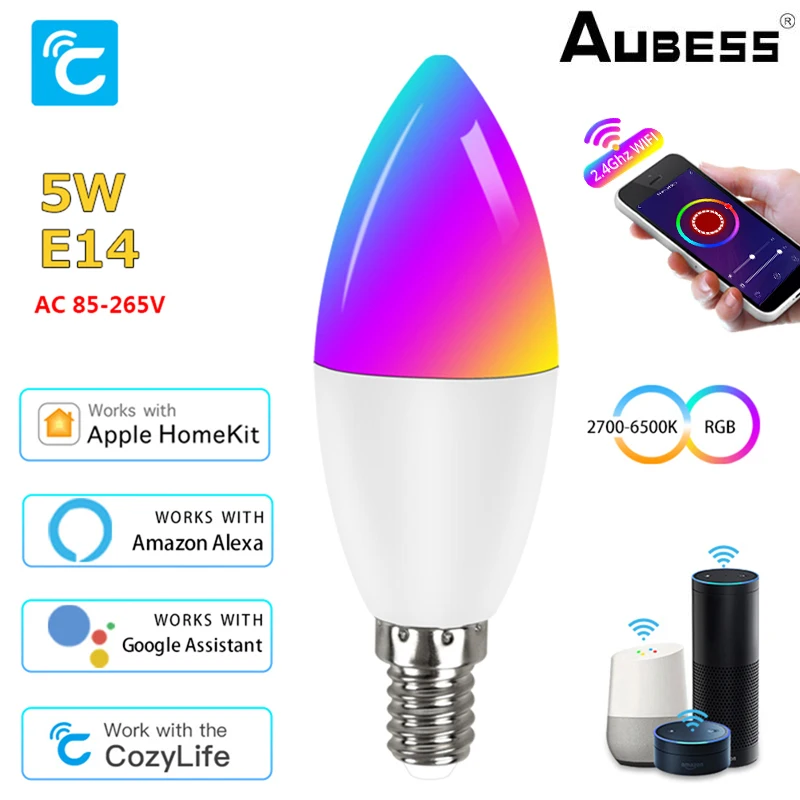 

Умная Светодиодная лампа Tuya с Wi-Fi, приглушаемая LED лампа E14, RGB, CW, с голосовым управлением, работает с приложением Alexa Google Home Cozylife, 5 Вт