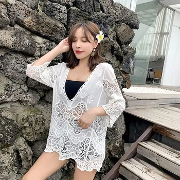 Summer Hollow Long Lace Embroidery White Blouses Crochet V-Neck Top 3/4 Sleeve Large Size Shirt 1