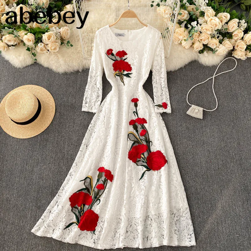 

Женское ажурное платье с вышивкой, платье-трапеция с круглым вырезом и рукавом до локтя, Летнее Длинное пляжное платье в богемном стиле