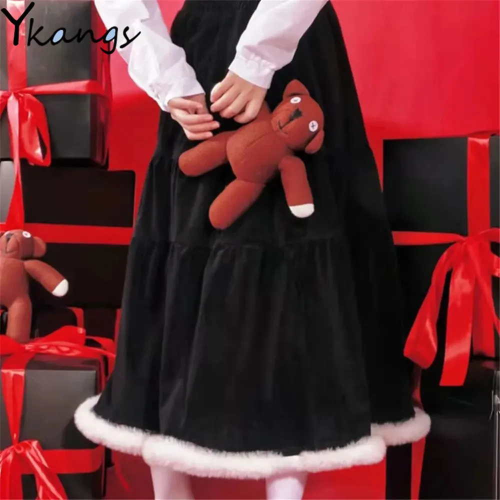 

Женская плиссированная юбка с меховым краем, черная длинная юбка с бархатным узором в японском винтажном стиле, Осень-зима