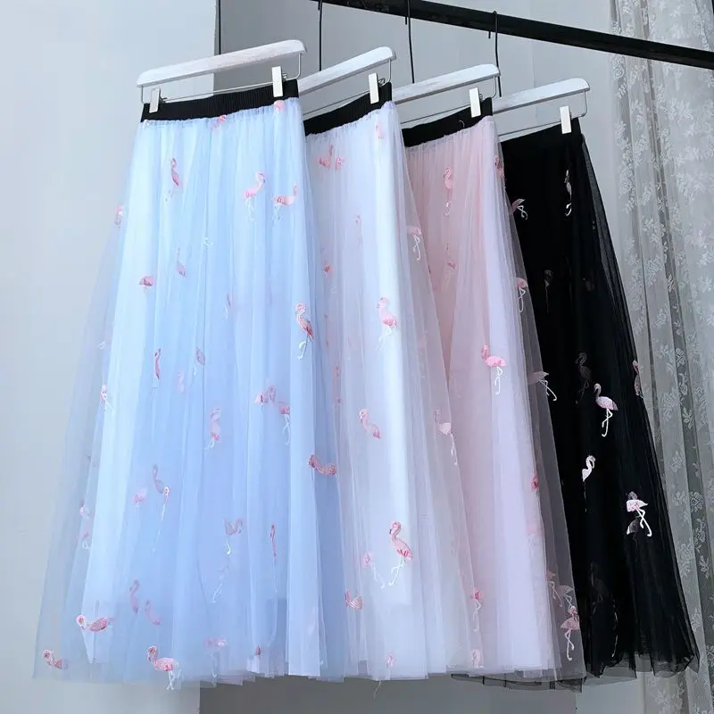 

Print Skirt Mesh Women Vintage Embroidery Spring Summer Pleated Long Skirts Slim Fashion High Waist Mid-calf Elegant Midi Skirt