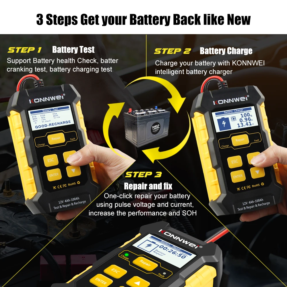 KONNWEI KW510 12V Car Battery Tester Full Automatic 5A Charger 3 in 1 Lead Acid Pulse Repair Tools Free Shipping | Автомобили и