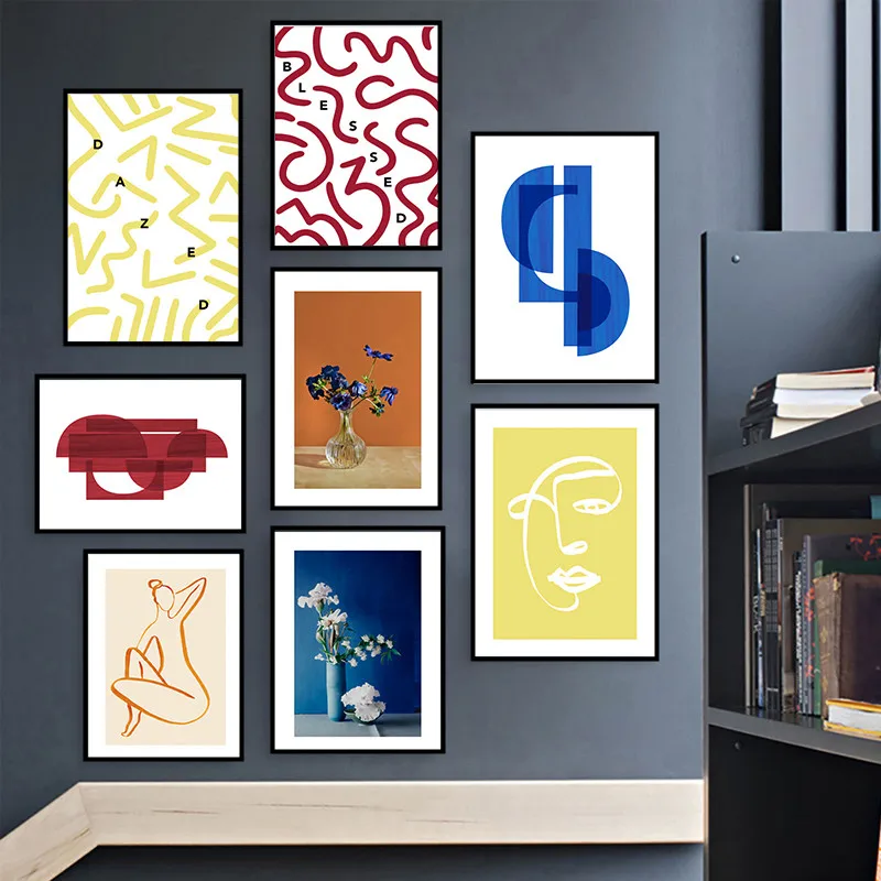 Абстрактная линия эскиз цветной цветок скандинавский настенный художественный