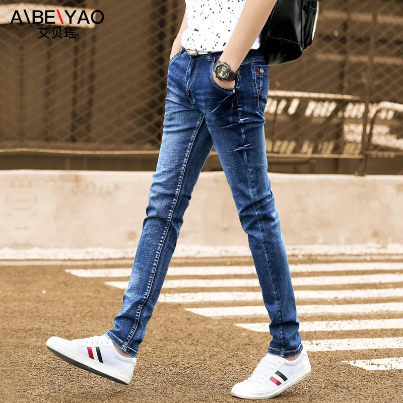 

2021 new denim long pants men's Korean style trend soil spring summer thin casual slim feet all-match pencil jeans men