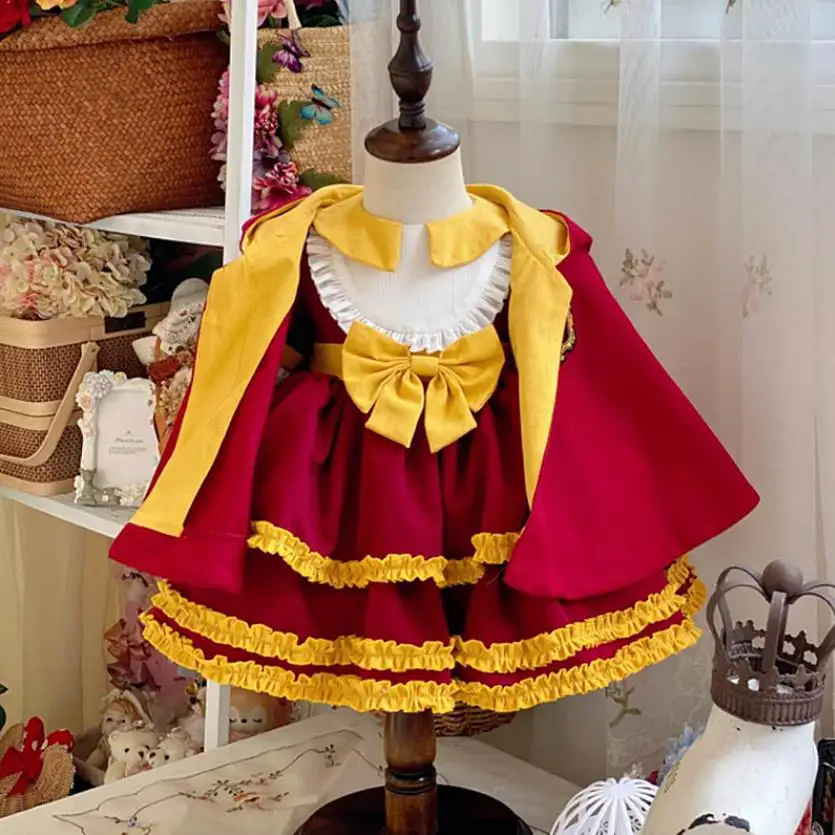 

2PCS Winter Spanish Lolita Halloween Cosplay Princess Dress + Red Cape Long Sleeves Sweet Cute Dress For Girls L560