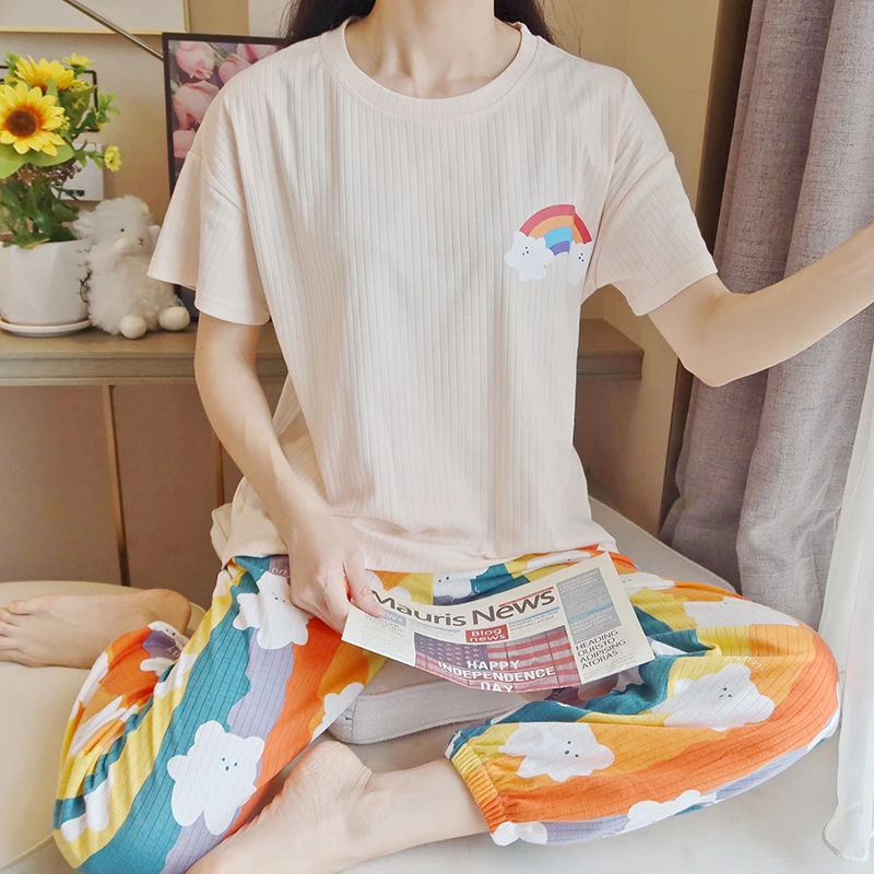 

Summer Pijama Set Pyjamas Women Trousers Sleepwear Rainbow 5 colors Pijamas Femme Homewear Cotton Cartoon Two-piece Clothes