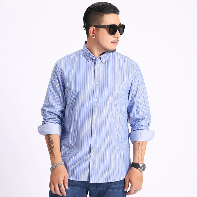 

Мужская хлопковая рубашка с длинным рукавом, в полоску, большого размера