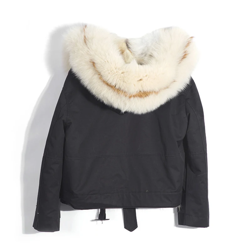 Women Jacket Winter Real Fox Fur Collar Hood Short Coat Parka White Black Real Natural Fur Liner Thick Warm Outerwear Streetwear
