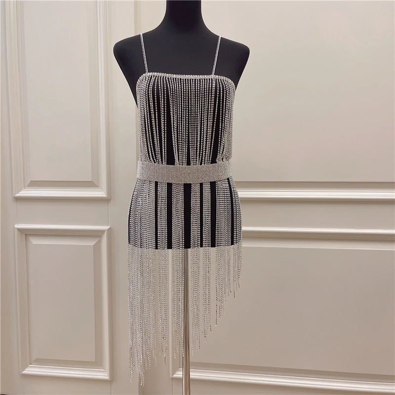 

Fashion Sexy Long Tassel Rhinestone Slim Body Chain Dress Woman Nightclub Bikini Harness Lingerie Jewelry Prom Accessories Gift
