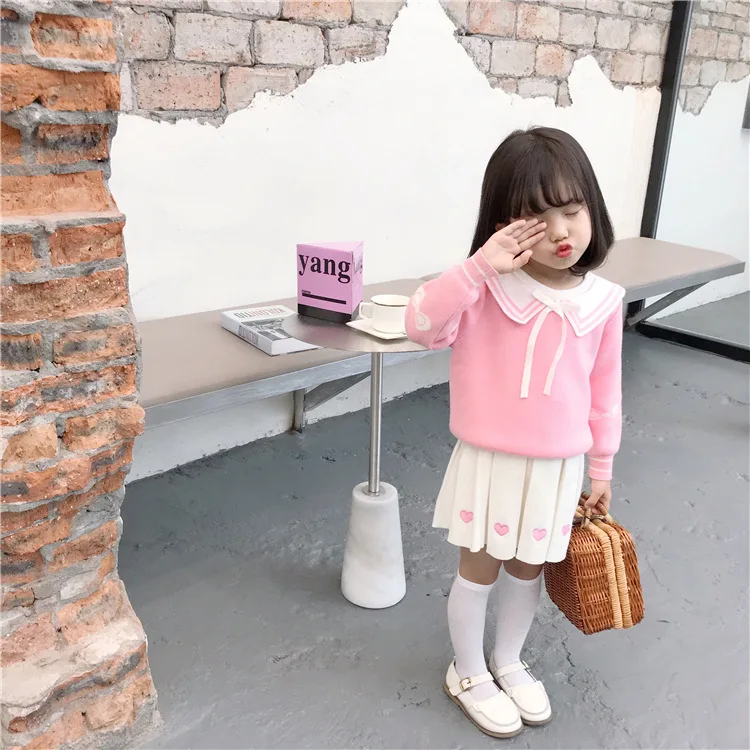 

2020 Girls set knitted pink colour sweater + white skirt cute sweet toddler kids clothing set