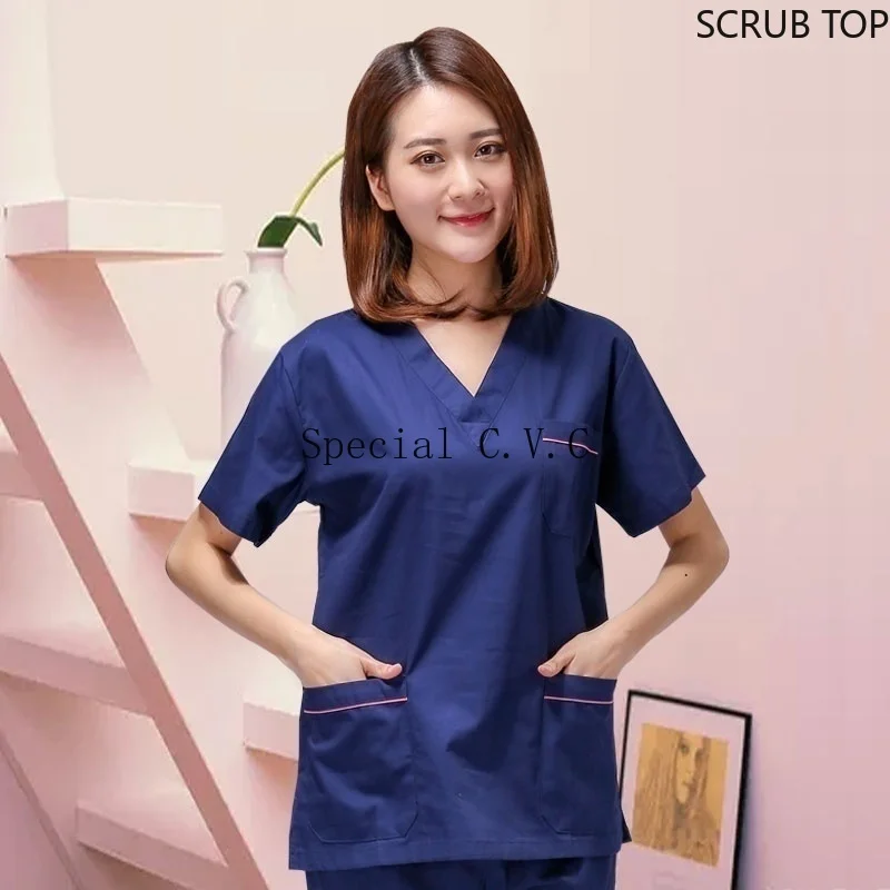 

Women Scrub Top Short Sleeve Workwear Cotton V-Neck Color Blocking Medical Uniforms Spa Nurse Uniform Clinics Lab Coat Loose