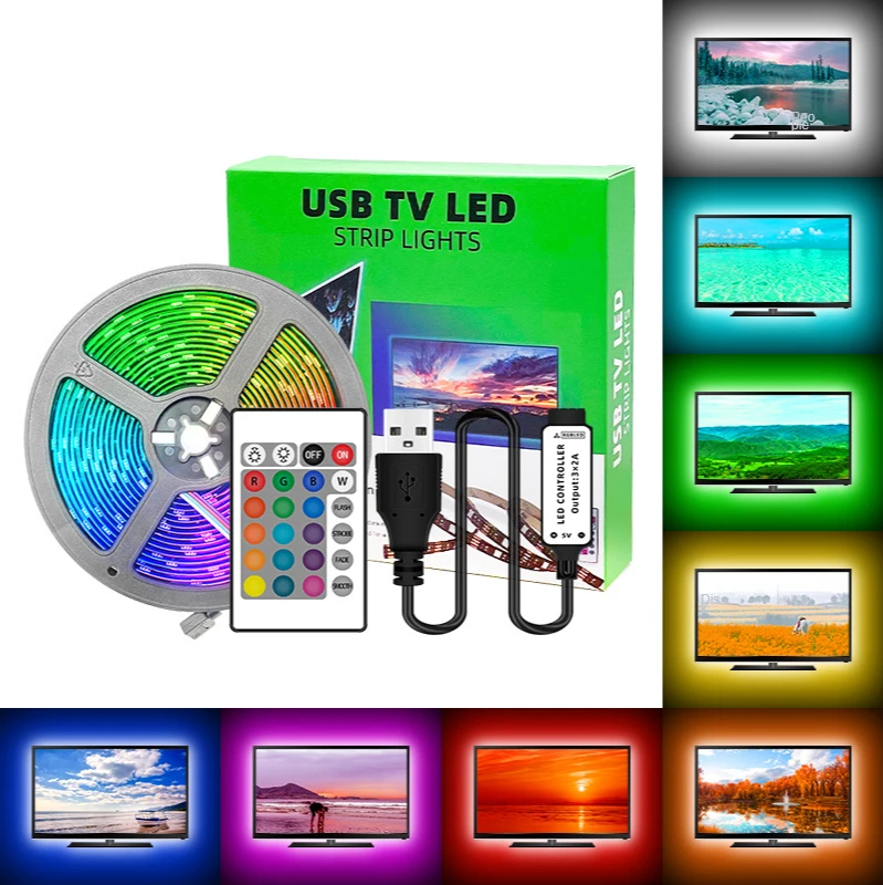 

Светодиодная лента 5050 RGB цветная Водонепроницаемая 5В ТВ фоновая подсветка набор ремней 24 клавиши USB контроллер светильник вая полоса