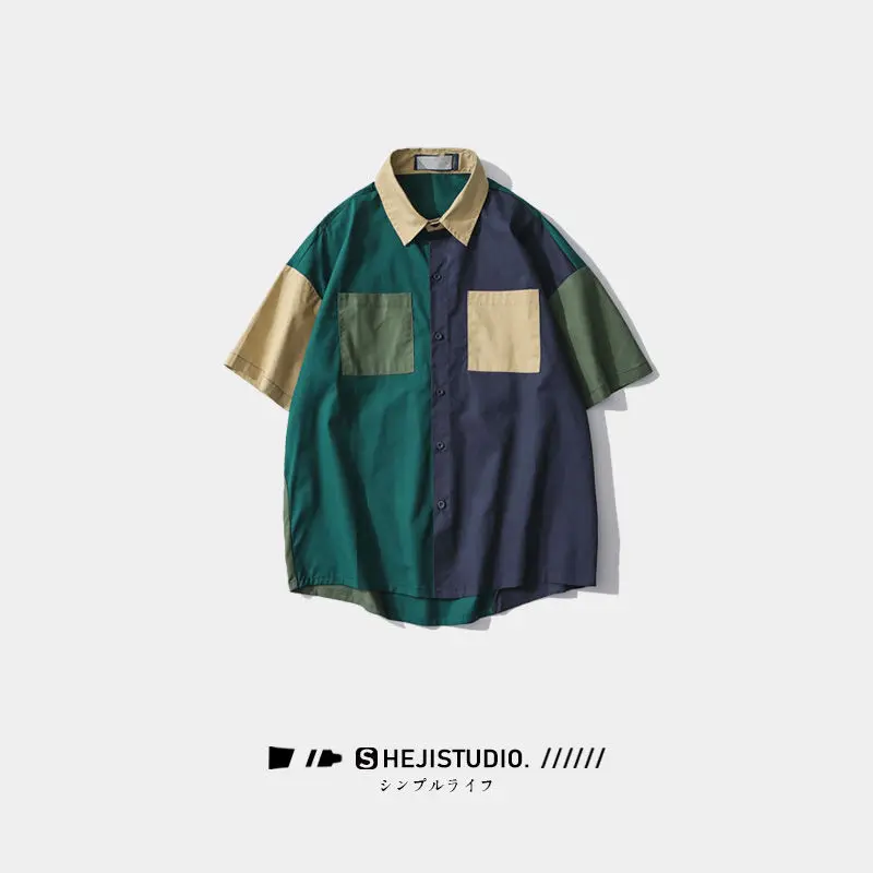 

Hong Kong wind restoring ancient ways the new men's and women's fashion taste color matching asymmetric short-sleeved shirt loos