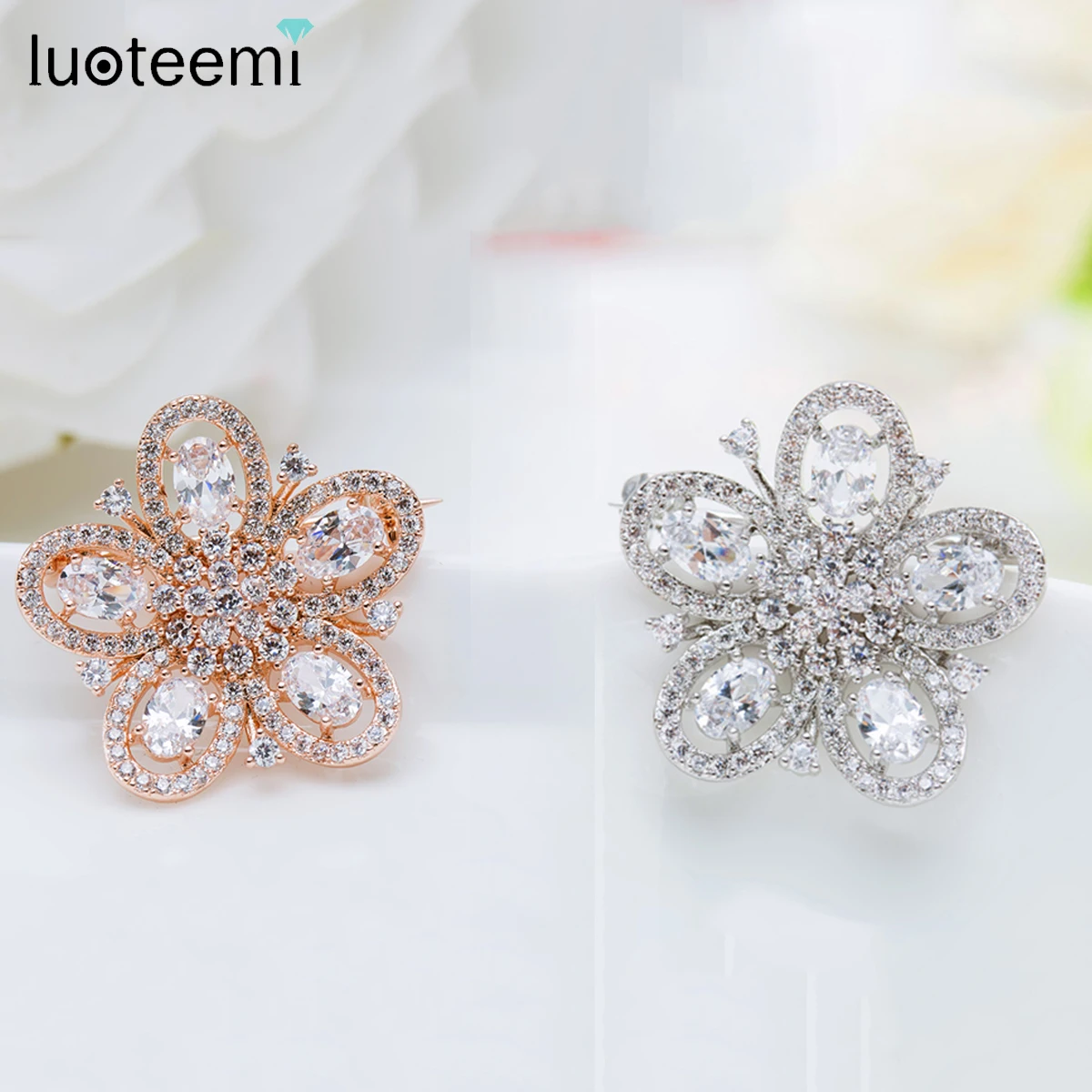 LUOTEEMI Fashion Big Flower Jewelry Luxury Beautiful High Quality Cubic Stone Brooch for Briadl Wedding Dinner Party Jewelry
