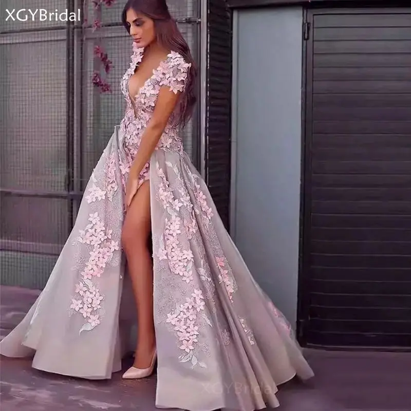 

Женское вечернее платье с цветочным принтом, длинное платье с глубоким V-образным вырезом, коротким рукавом и разрезом сбоку, платье для вып...