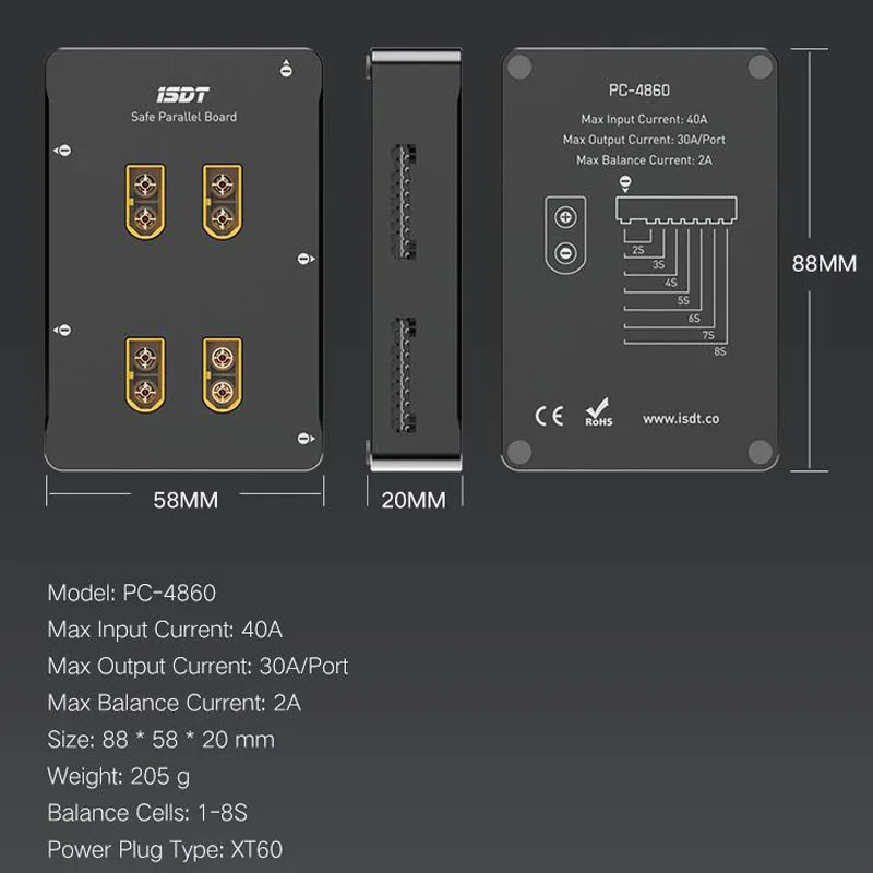 

1pc PC-4860S 1-8S Safe Parallel Board XT60 Battery Charging Adapter with 32 SMD Insurance 40A Input 4CH Output for RC Drone FPV