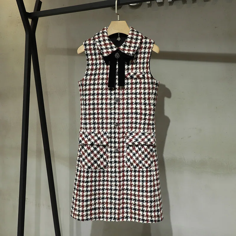 

Fashion Women 2021FW Plaid Bow Vest Sleeveless tTweed Dresses For Ladies 11.26