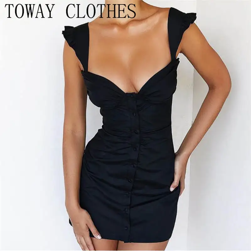 

Dress For Women 2022 Summer Short Sleeve V-Neck Frill Hem Plain Bodycon Dress Vestidos Elegantes Para Mujer