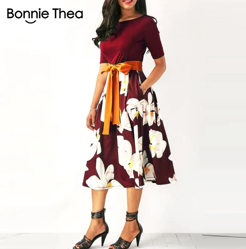 Бургундия Bonnie Thea женское летнее и осеннее синее платье с принтом женское офисное элегантное платье с цветочным принтом больших размеров вечерние длинные большие платья - Цвет: Бургундия