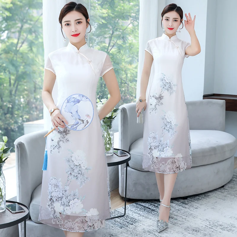 Женское длинное платье Чонсам в китайском стиле с коротким рукавом элегантное