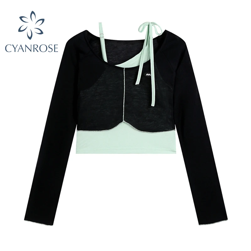 

2021 New Autumn Club Party Crop Tops Suit Long Sleeve Slim T-shirt And Lace-Up Sling Ladies Streetwear Sexy Folded Two-Piece Set