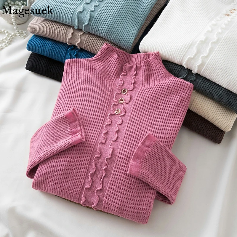 

2021 Autumn Ruched Turtleneck Women Solid Sweater Korean Pullover Women Sweaters Knitted Winter Pull Femme Bottoming Tops 17699