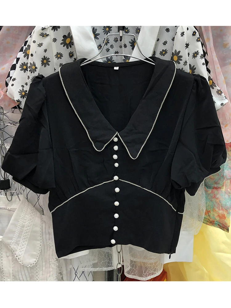 

Free shipping single row diamond buckle beaded edging Slim short plaid shirt ladies summer new bubble short sleeve wild retro