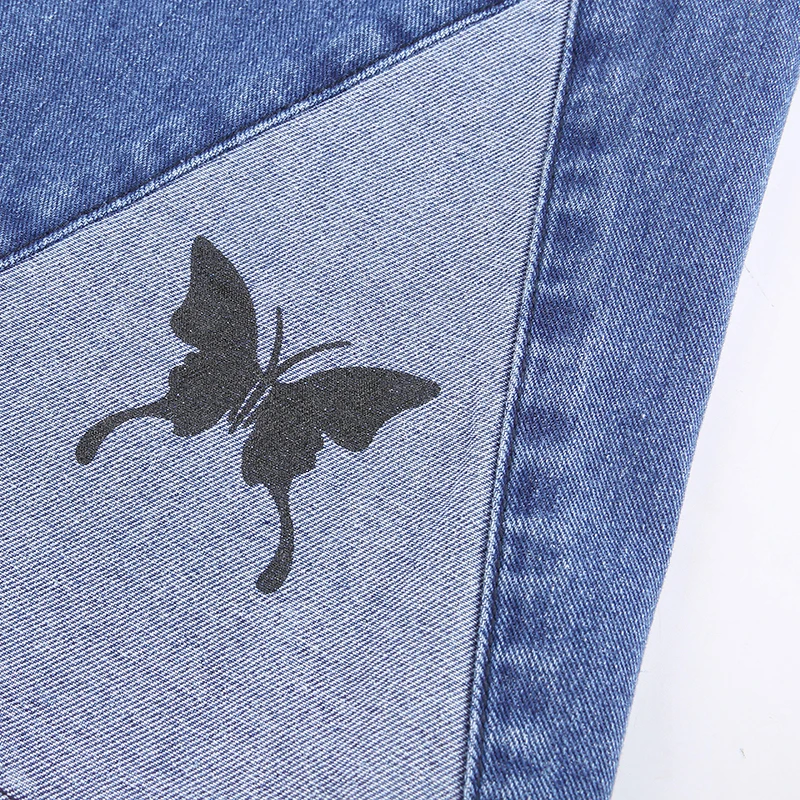 

Lucyever Retro Butterfly Print Flare Pants Women Fashion Patchwork Y2K Woman Jeans 2021 Spring Stretchy High Waist Denim Pants