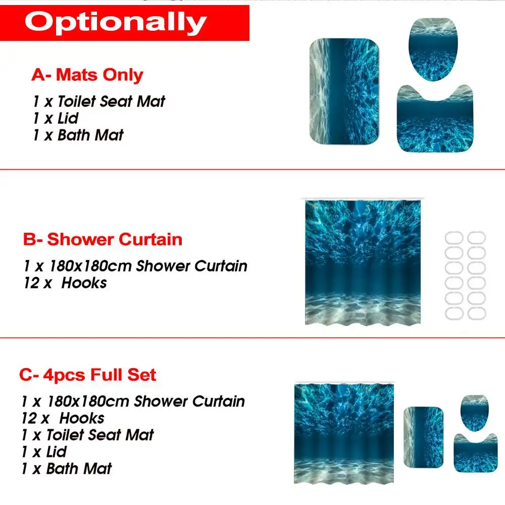 

Blue Sea Ocean Pattern Non-slip Shower Curtains Mat Set Waterproof Bathroom Curtain Pedestal Rug Lid Toilet Cover Bath Mat Rug
