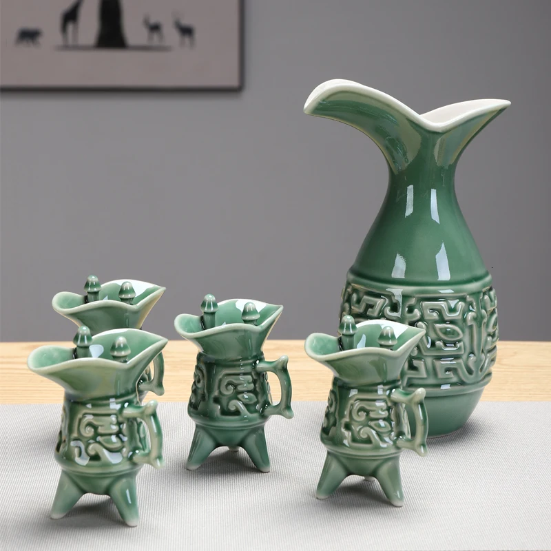 

Chinese style ceramic wine set imitate ancient wine pot cup retro liquor separator flagon drinking winware gift box
