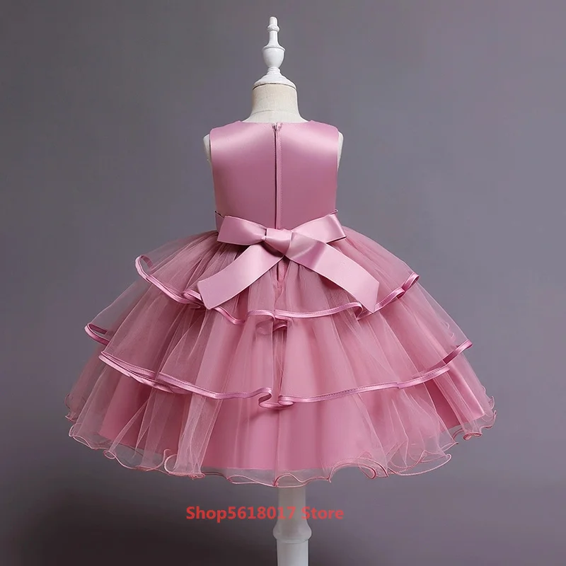 

2021 Kids Girls Cake Tutu Flower Dresses Children Party Wedding Formal Dress for Girl Princess Costume New Year Gifts 2-14 Years